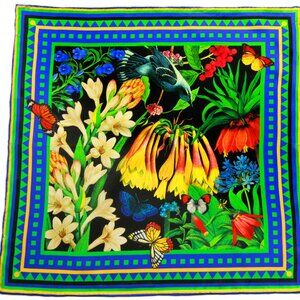 "Garden" - blue green floral small square silk neck scarf, scarf for bag